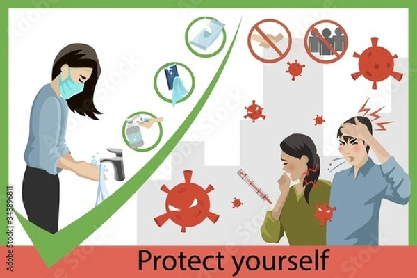 Fototapeta Vector illustration of woman taking care of herself during quarantine and outbreak