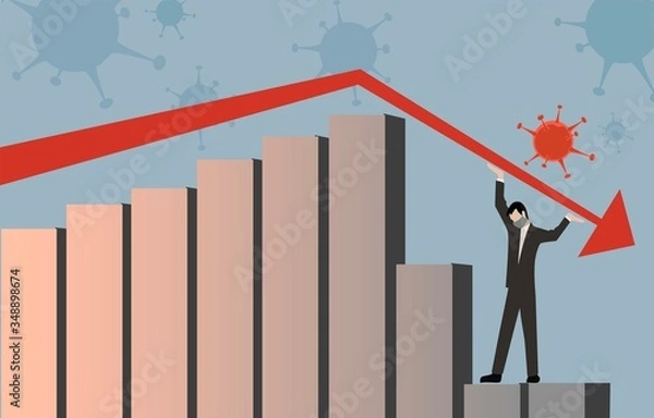 Fototapeta Vector illustration of man trying to prevent economic crisis after quarantine