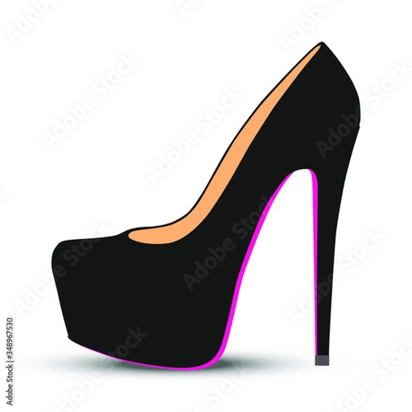 Fototapeta 6 inches black very high heels platform pumps with pink sole. Vector illustration on white background