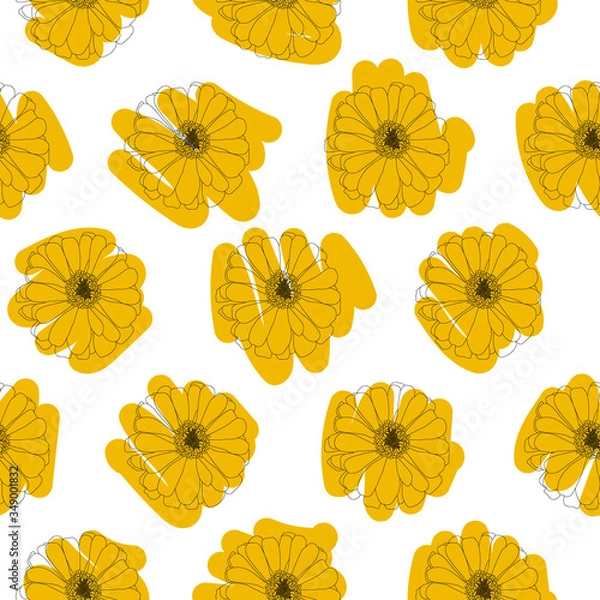 Fototapeta Black hand-drawn flowers vector on yellow scribble isolated seamless pattern