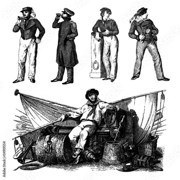 Obraz Engraving vintage sailor man set.