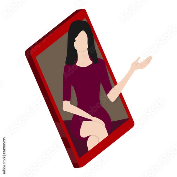 Fototapeta Video call. Beautiful woman chatting in mobile phone. Online business meeting via smartphone application from home. Remote conversation. Concept of virtual communication. Flat vector illustration.