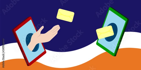 Fototapeta Virtual communication online. Hand sent new message from mobile phone. Internet Chat. Remote conversation. Sending and receiving SMS messages. Mobile phone screen. Vector flat illustration banner.