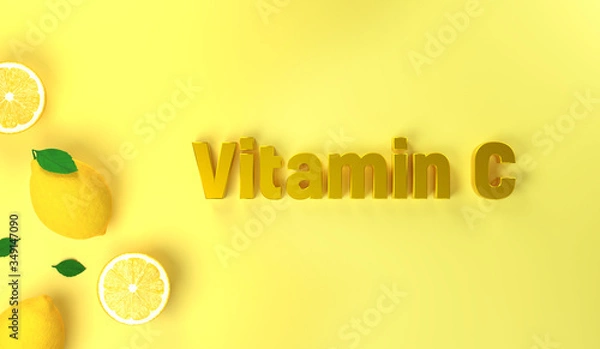 Fototapeta Vitamin C concept  lemon fruit citrus.  Fresh lemons and green leaves on bright yellow backgroundflat lay top view. Citrus fruits contains ascorbic acid. 
