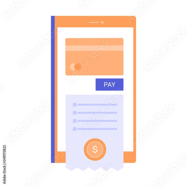 Fototapeta Mobile banking application and e-payment. Pay by credit card via electronic wallet wirelessly on smartphone. Purchase on the receipt. Vector flat illustration.
