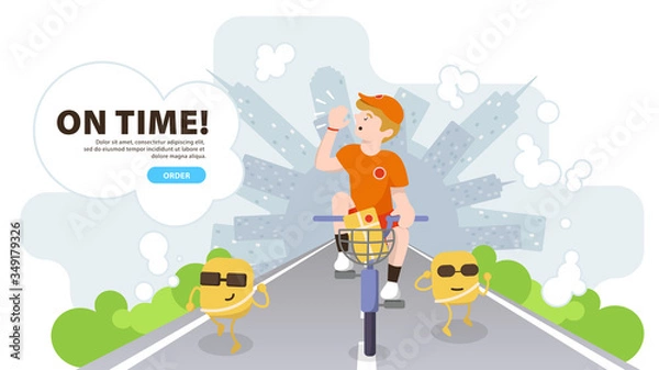 Fototapeta Goods Delivery Illustration of Online Consumer Order. Courier on Bicycle Delivering with Funny Emoticons. Landing Page Concept of Express Delivery Service. Flat Vector Illustration. EPS 10