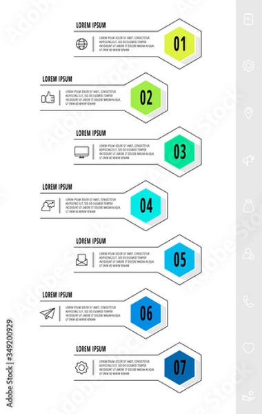 Obraz Hexagon infographic design template with 7 options and arrows. Vector business line concept. Can be used for diagram, web, banner, presentations, flow chart, info graph, timeline, content, levels.