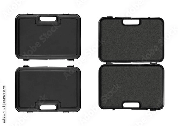 Fototapeta Frontside, backside and open view of a matte black plastic case with a black foam insert isolated on white background for individual design and graphic mockups. No perspective, no people.