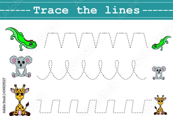 Fototapeta Trace line worksheet for kids with funny animals. Practicing fine motor skills. Educational game for preschool kids. Vector illustration.