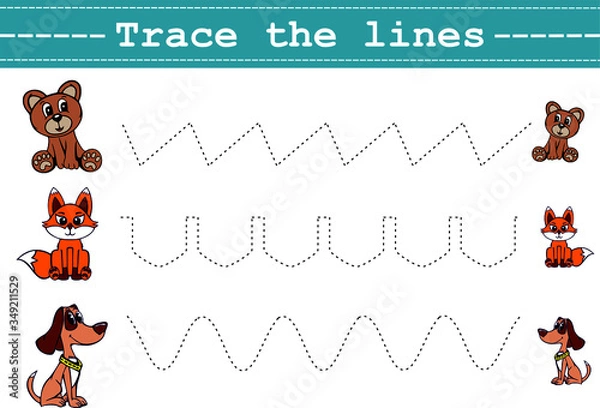 Fototapeta Trace line worksheet for kids with funny animals. Practicing fine motor skills. Educational game for preschool kids. Vector illustration.