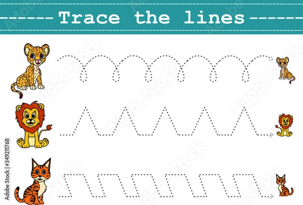 Fototapeta Trace line worksheet for kids with funny animals. Practicing fine motor skills. Educational game for preschool kids. Vector illustration.