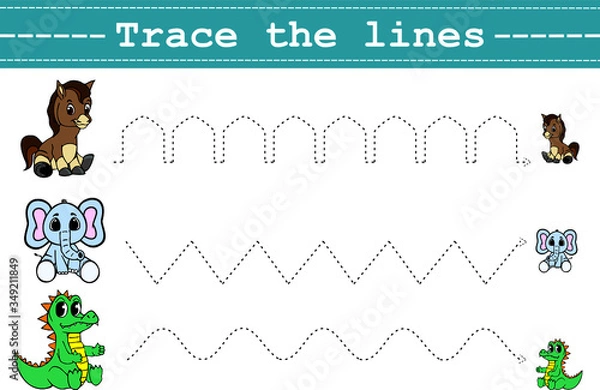 Fototapeta Trace line worksheet for kids with funny animals. Practicing fine motor skills. Educational game for preschool kids. Vector illustration.