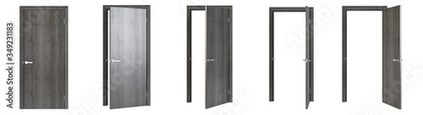 Fototapeta Interroom door isolated on white background. Set of wooden doors at different stages of opening. 3D rendering.