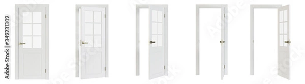 Fototapeta Interroom door isolated on white background. Set of wooden doors at different stages of opening. 3D rendering.