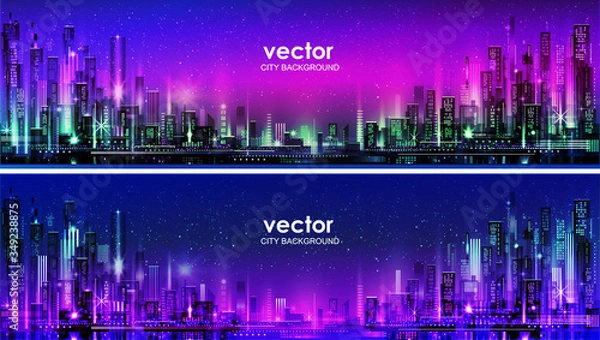 Obraz Night city illustration with neon glow and vivid colors. illustration with architecture, skyscrapers, megapolis, buildings, downtown.