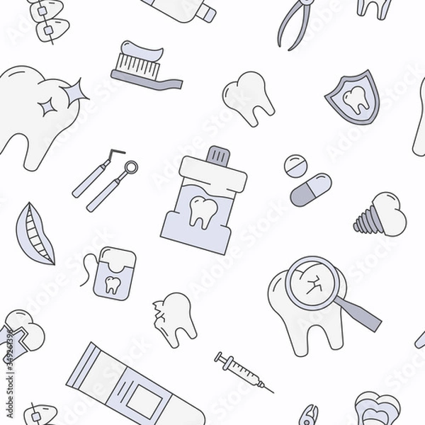 Obraz Dentist - Vector color background (seamless pattern) of medicine, tooth, toothbrush, toothpaste, caries and floss for graphic design