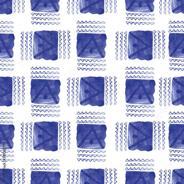Obraz Vector seamless pattern ethnic indigo watercolor with blue square zig zag and white background.