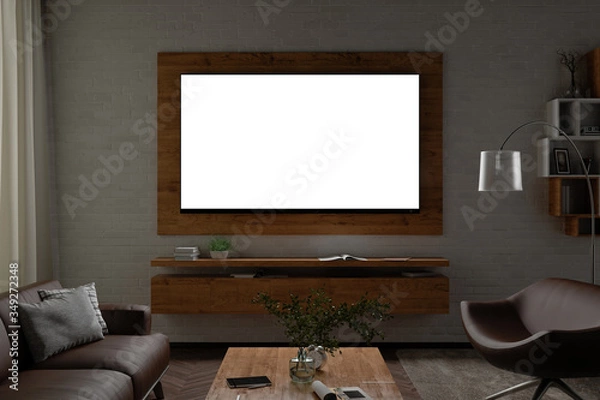 Fototapeta Glowing TV screen at night on the white brick wall  of modern living room. Clipping path around screen. 3d illustration