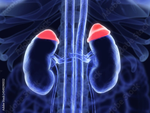 Fototapeta Adrenal glands and in red. Illustrated xray like image. 3D illustration