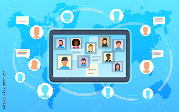 Fototapeta Vector concept of video conference, workshop training courses. Business team at online meeting work form home. Conference video call with clients during coronavirus quarantine