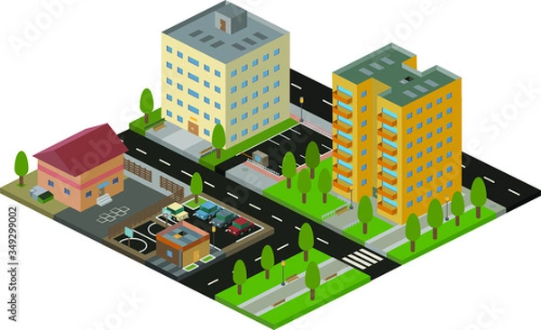 Obraz Isometric part of town. Casual city district with trees and roads. Different buildings