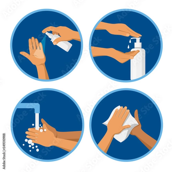 Obraz Hand hygienic prpcedures. Sanitizer spray, liquid soap, washing hands, wiping with an antibacterial wipe. Set of cartoon flat vector illustrations, logo or icons isolated on white background.