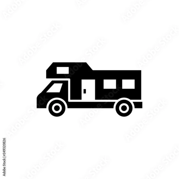Fototapeta Caravan trailer icon in black flat design on white background sign for mobile concept and web design, Camping car, Campervan Symbol, logo illustration