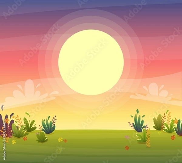 Obraz sunset park background, nature park or forest lawn glade and sunset sky sun violet and pink clouds. vector cartoon illustration landscape