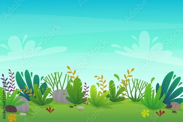 Obraz nature park background. green grass on the lawn field, bushes plants and flowers, trees landscape. comic book style vector scenery