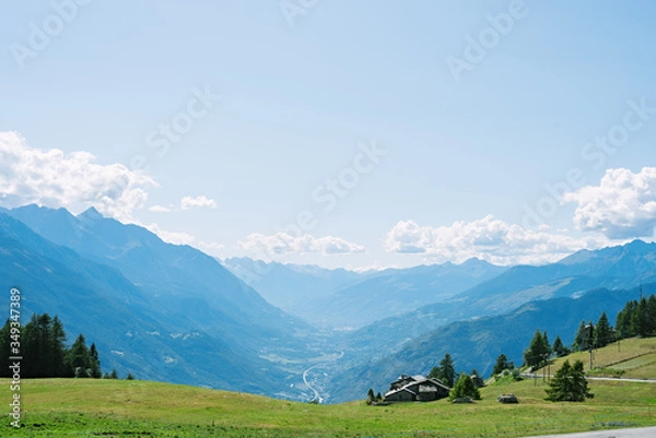 Obraz Panoramic view of Saint-Vincent in the autonomous region of Valle d'Aosta. A mountain pass from the Aosta Valley to the Ayas Valley, Italy