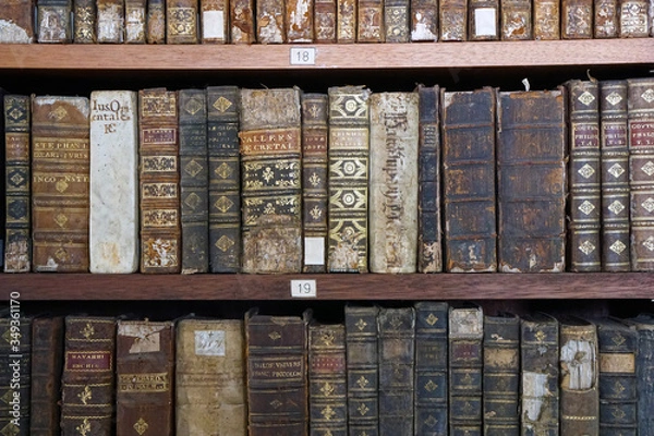 Fototapeta bookshelf in library with antique medieval books