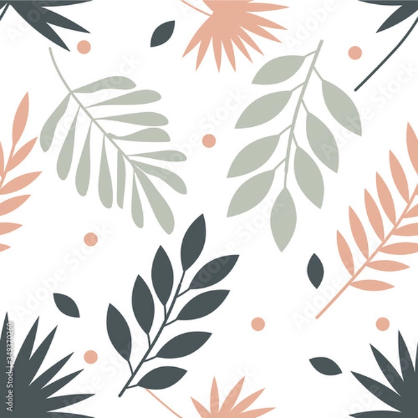 Obraz Tropic pattern with palm tree. Grey, pink  and green leaves. Palm leaf background. Vector floral seamless pattern.