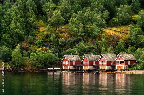 Obraz Boat sheds and huts on the fjord coast in Norway