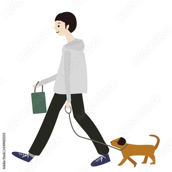 Fototapeta 男性、犬、散歩、白バック、ウォーキング、健康管理、健康、ベクター、イラスト、パーカー、カジュアル