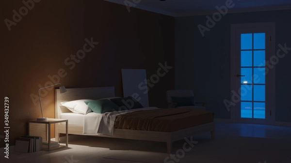 Obraz Modern bedroom interior with blue walls. Night. Evening lighting. 3D rendering.