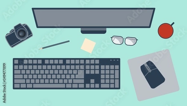 Fototapeta Workplace with monitor, keyboard, mouse, mouse pad, pencil, glasses and a camera. Vector flat illustration
