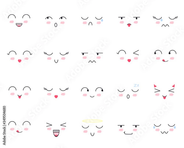 Fototapeta Set of 20 cute faces kawaii emoticons icon vector set. Characters and emoji, lovely icons cartoon design. Funny cartoon faces. Isolated icons on white background. vector illustration.