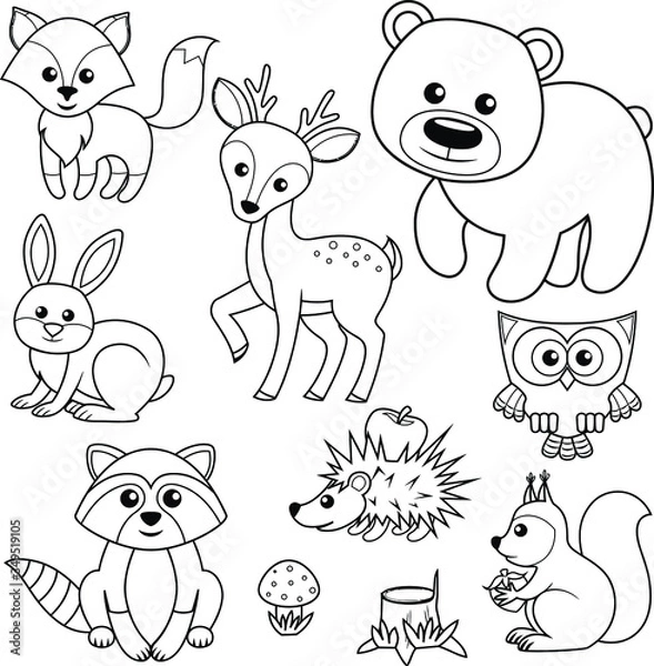 Obraz Zwierzęta leśne. Lis, niedźwiedź, szop pracz, zając, jeleń, sowa, jeż, wiewiórka, agaric i pień.