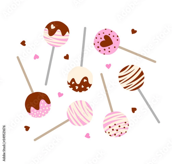 Obraz Vector set of cake pops with different tastes. Isolated on white. Strawberry, chocolate and vanilla tastes. Sweets illustration. Dessert set. Cartoon style.