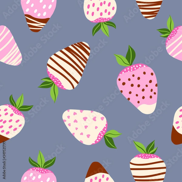 Fototapeta Seamless vector pattern of chocolate covered strawberries. Berry background. Food illustration. Dessert pattern. Strawberries in chocolate.