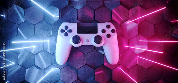 Fototapeta White Sci Fi Futuristic Joystick Laser Neon Beams Lights Glowing Purple Blue Vibrant Gaming Adventure On Hexagon Tiled Concrete Floor Cyber Background Virtual Reality 3D Rendering