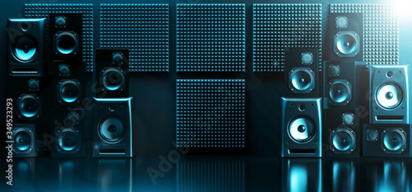 Fototapeta Neon Glowing Blue Performance Music Studio Vibrant Electric Synthwave Club Loud Speakers Show Event Empty Room Shiny Stage Poidum Concert 3D Rendering