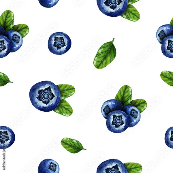Obraz Seamless pattern with blueberries. Watercolor pattern with berries. Summer pattern.