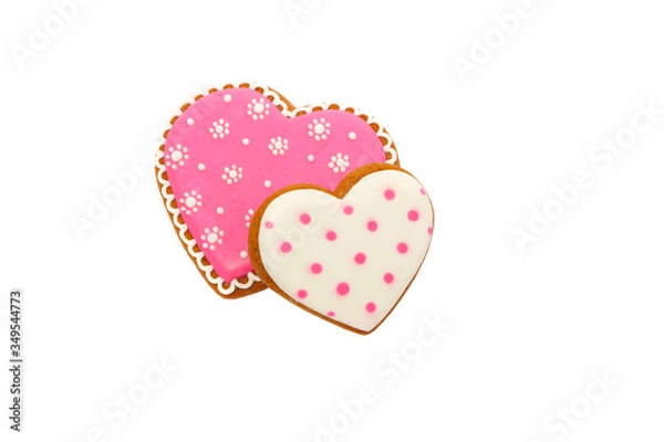 Obraz background from pink cookies heart shaped with different patterns, isolated