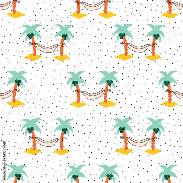 Fototapeta Hammock between coconut palm trees repeating vector background. Seamless summer pattern. 