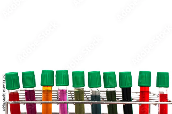 Fototapeta Cell culture tube on rack with green cap, isolated in white background, with colorful solvent solution for testing vaccine, anti-virus, anti-body and antigen analysis in blood test sample in vitro.