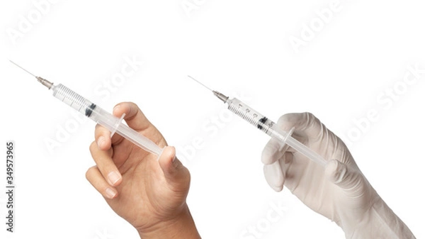 Fototapeta Syringe, medical injection in hand isolated on white background.