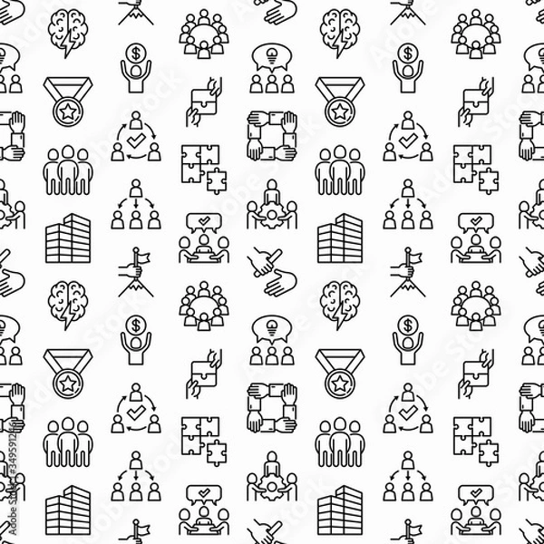 Fototapeta Teamwork seamless pattern with thin line icons: relay race, brainstorm, success, meeting, idea share, collaboration, joint project, unity, support, delegation, bonus. Modern vector illustration.