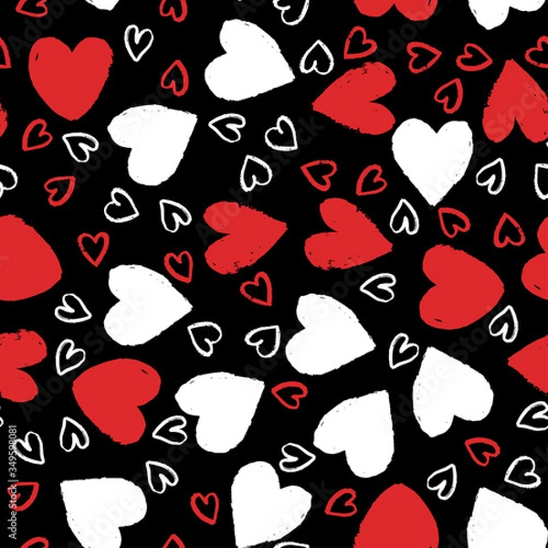 Fototapeta Seamless pattern with white and red hearts on black background. Vector design for textile, backgrounds, clothes, wrapping paper, web sites and wallpaper. Fashion illustration seamless pattern.