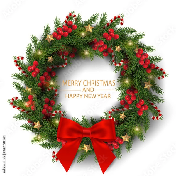 Obraz Merry Christmas and Happy New Year. Illustration of Christmas wreath made by tree branches with bow, berries, candy canes and decoration isolate.